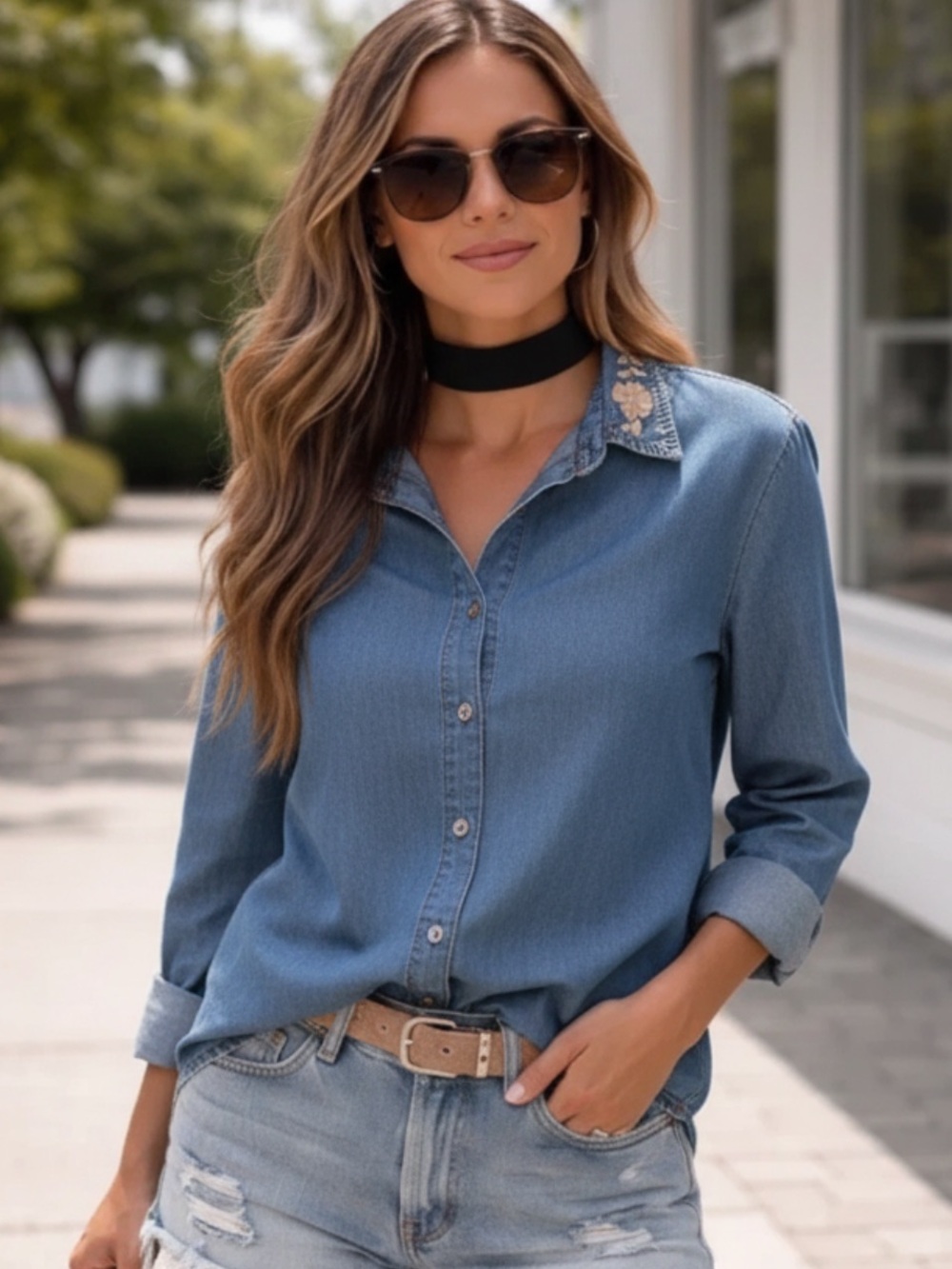 Jane + Delancey Washed Out Blue Denim Floral Embroidered Collar Shirt L